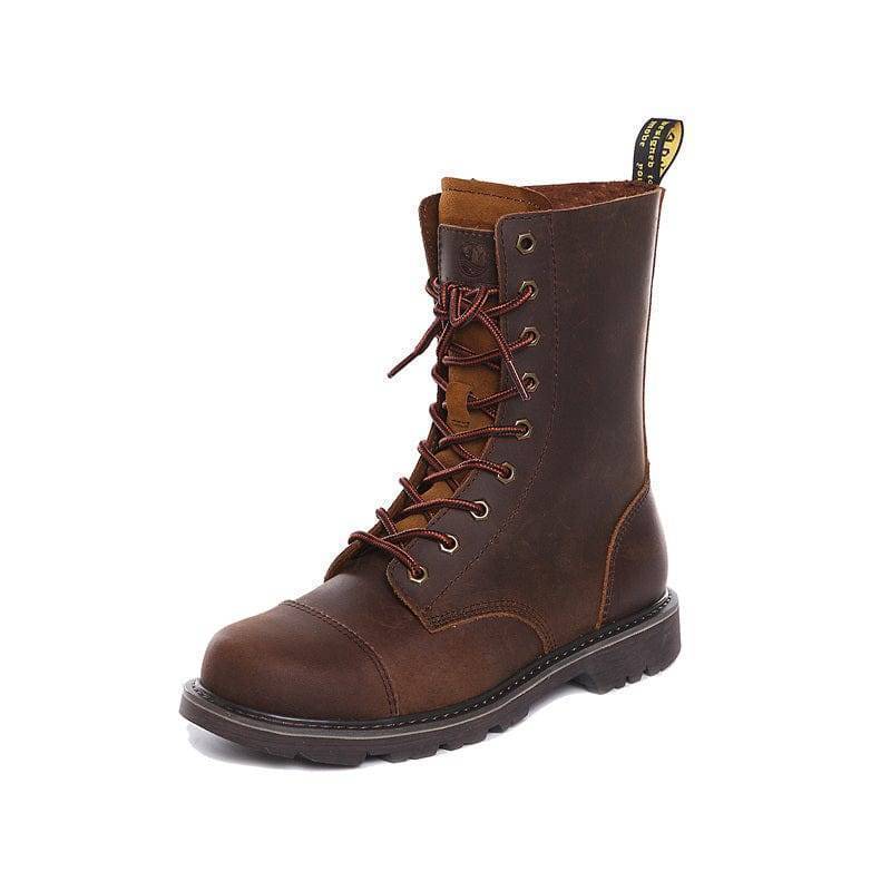 Pair of men's durable high-top leather hunting and hiking boots for tough terrains