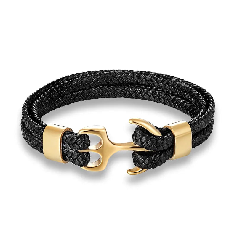 Men's rugged leather anchor bracelet with stainless steel clasp, perfect for nautical style.