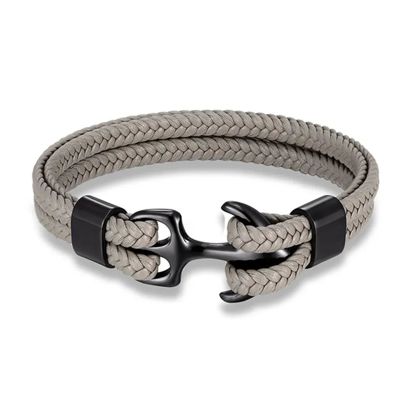 Rugged men's leather anchor bracelet, stainless steel charm, suitable for everyday wear or special occasions.
