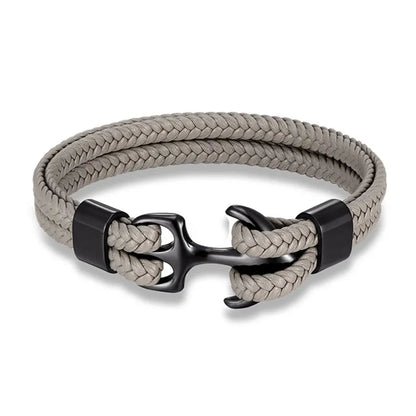 Rugged men's leather anchor bracelet, stainless steel charm, suitable for everyday wear or special occasions.