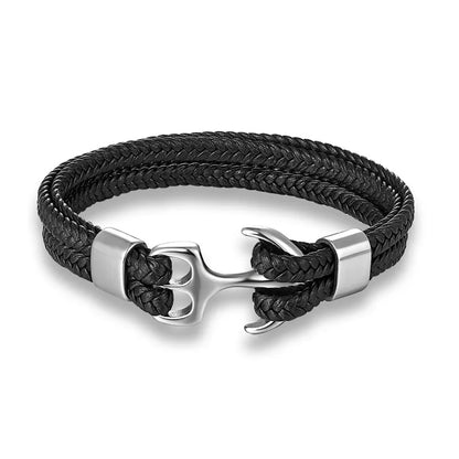 Stylish men's brown leather anchor bracelet, high-quality stainless steel, a great gift for him.