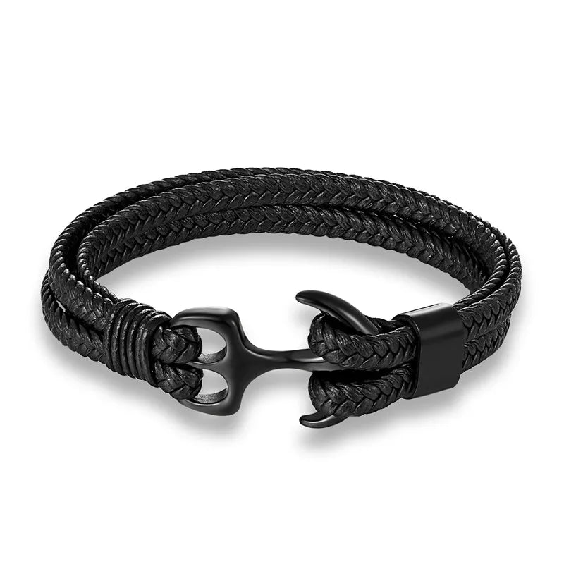 Masculine nautical anchor bracelet for men, genuine braided leather, polished stainless steel charm.