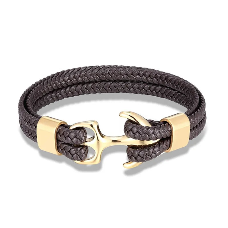 Men's fashion leather bracelet, anchor design, stainless steel, rugged wristwear for stylish men.