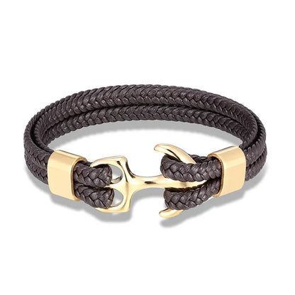 Men's fashion leather bracelet, anchor design, stainless steel, rugged wristwear for stylish men.