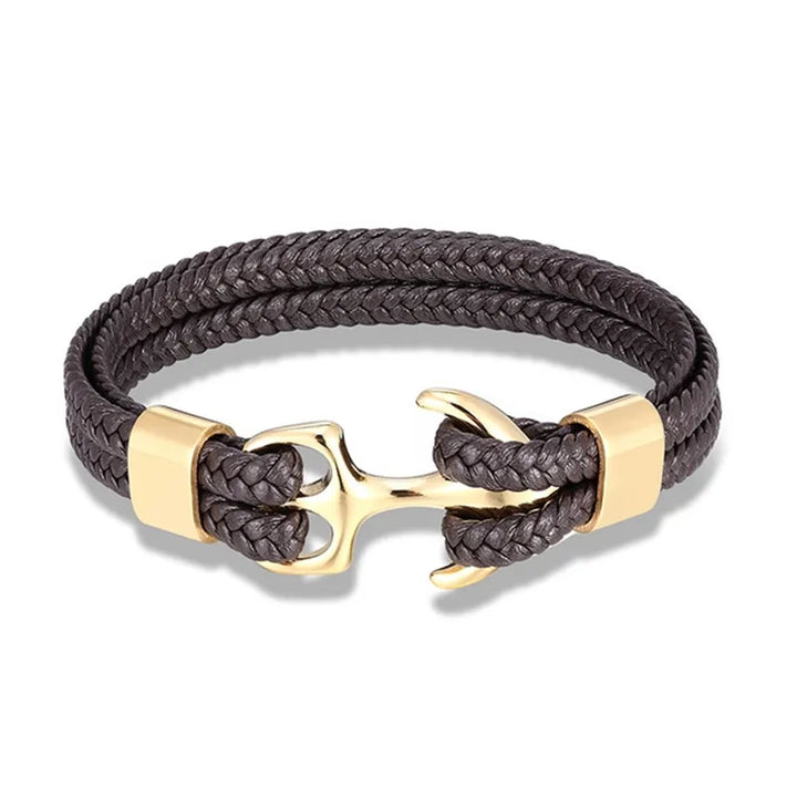 Men's fashion leather bracelet, anchor design, stainless steel, rugged wristwear for stylish men.