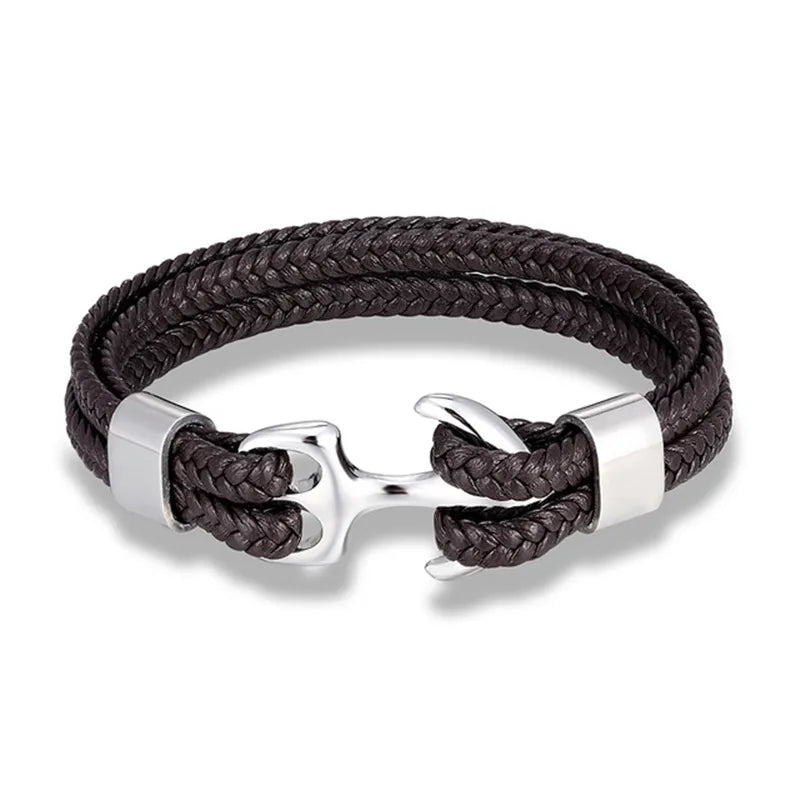 Black leather men's anchor bracelet, sleek stainless steel, adds a nautical touch to any outfit.