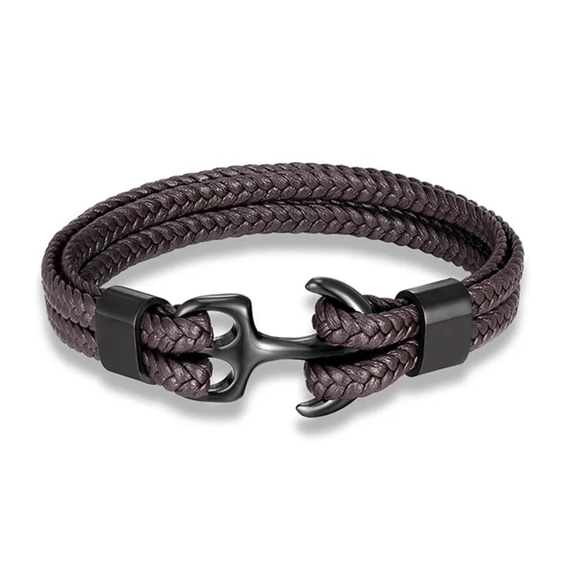 Durable men's leather bracelet with a prominent stainless steel anchor, ideal for masculine style.