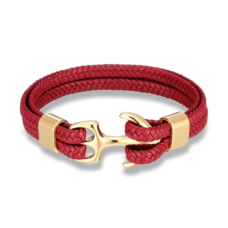 Gift for him: Men's nautical anchor leather bracelet, stainless steel details, rugged and fashionable.