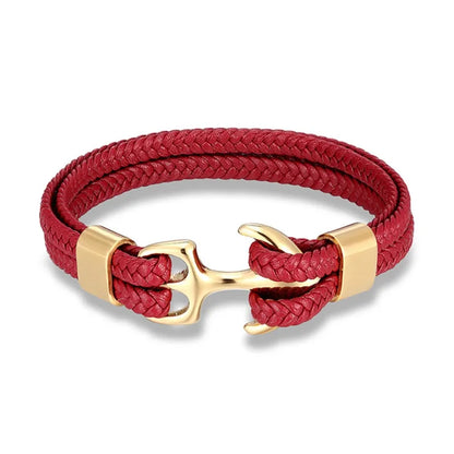 Gift for him: Men's nautical anchor leather bracelet, stainless steel details, rugged and fashionable.