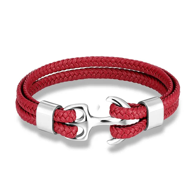 High-quality men's wristwear: Leather anchor bracelet with polished stainless steel, nautical-inspired fashion.