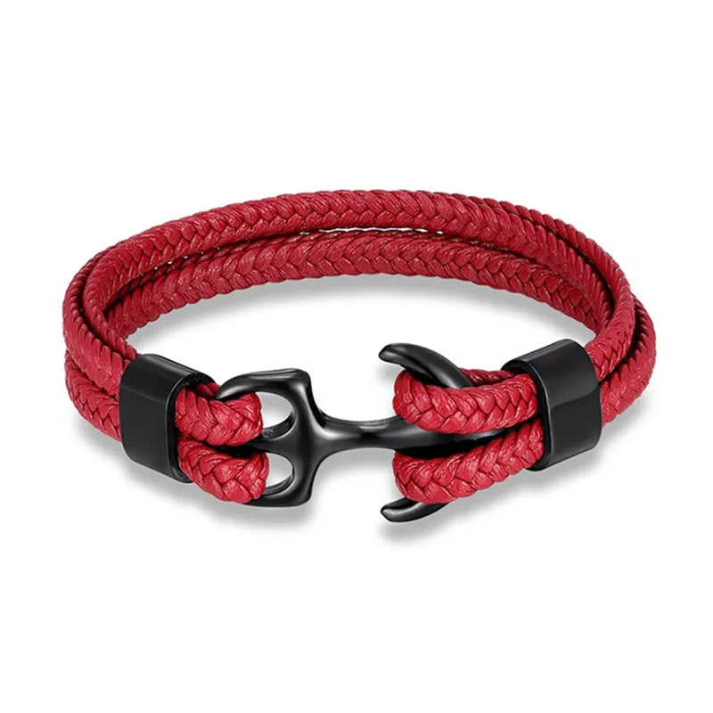 Genuine leather men's bracelet featuring a sturdy stainless steel anchor, perfect for a rugged look.