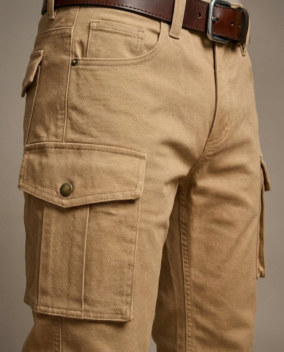 Utility leather cargo pants for men, featuring multiple pockets, designed for comfort & durability.