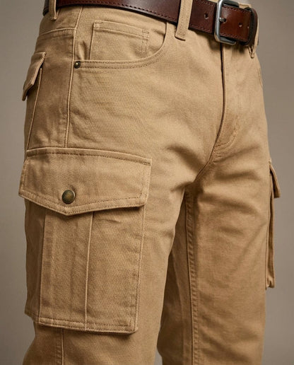 Utility leather cargo pants for men, featuring multiple pockets, designed for comfort & durability.