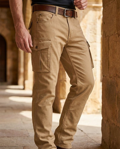 Durable men's leather cargo pants, perfect for workwear, outdoor activities & rugged utility.