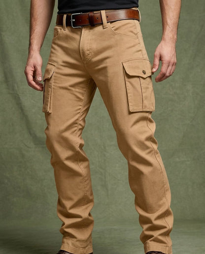 Comfortable men's rugged leather cargo pants, ideal for casual fashion & everyday outdoor wear.