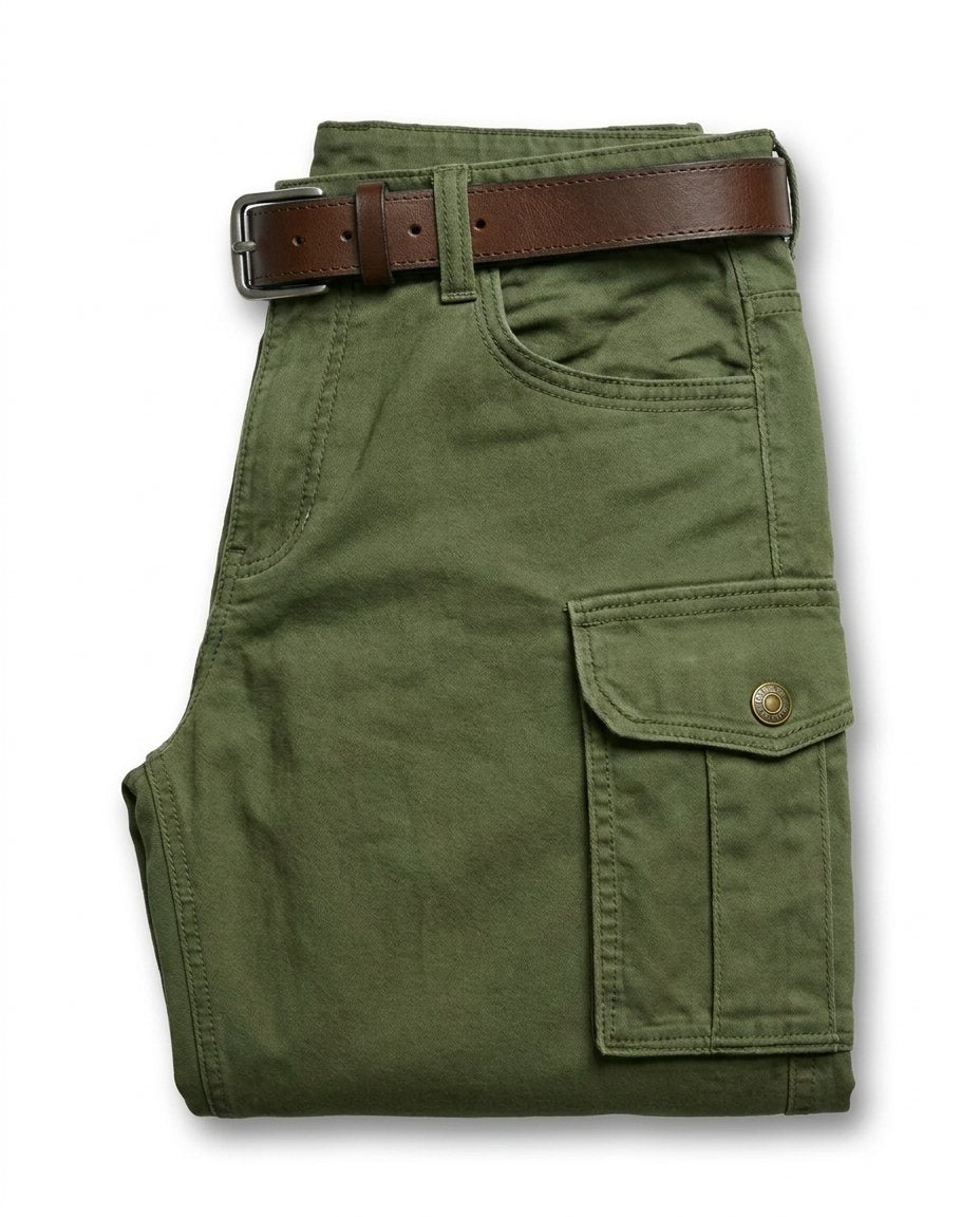 Close-up of rich brown rugged leather cargo pants for men, showcasing durable material & stitching.
