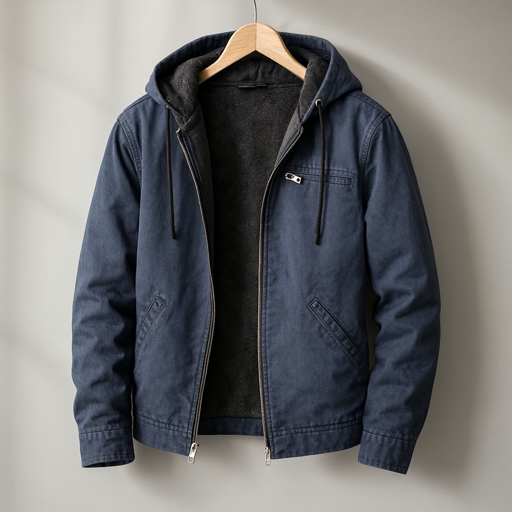 Warm men's lined winter jacket. Rugged outdoor coat perfect for durable casual wear.