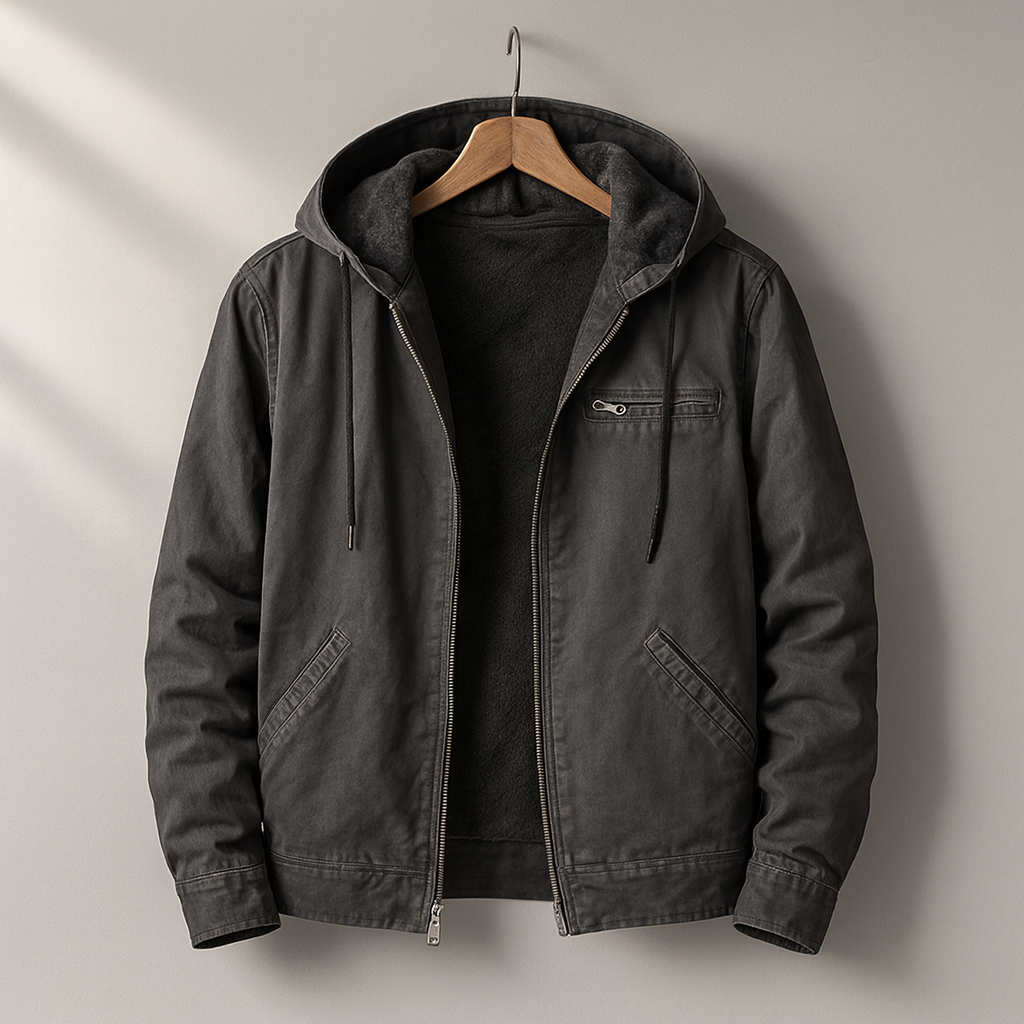 Heavy-duty men's rugged lined jacket. A warm, durable outdoor coat designed for cold weather work.