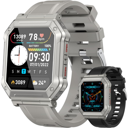 Men's rugged military smartwatch, black, with fitness tracker, heart rate monitor, for outdoor adventures.