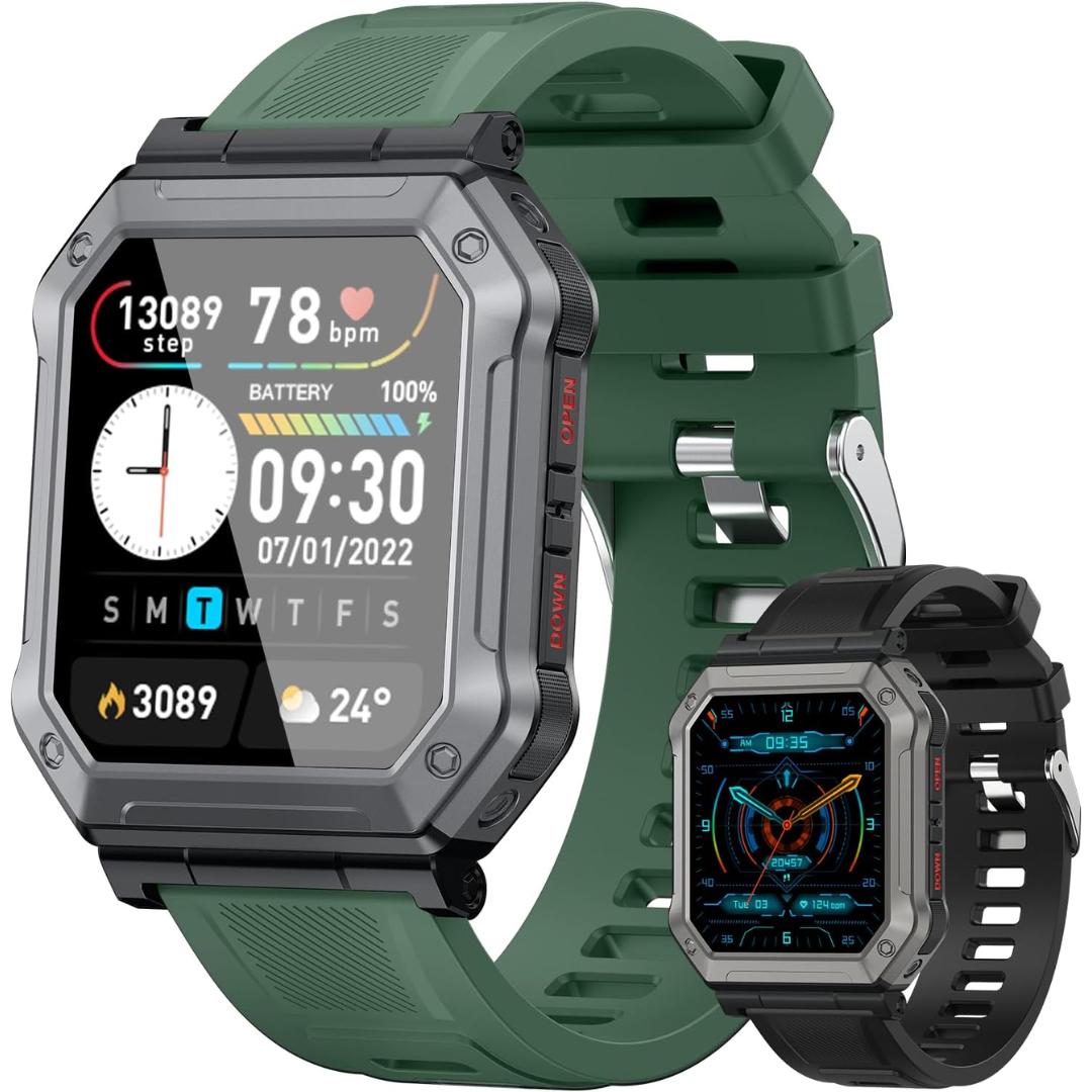 Tactical men's smartwatch, waterproof, with activity tracker & call function on wrist, long battery life.