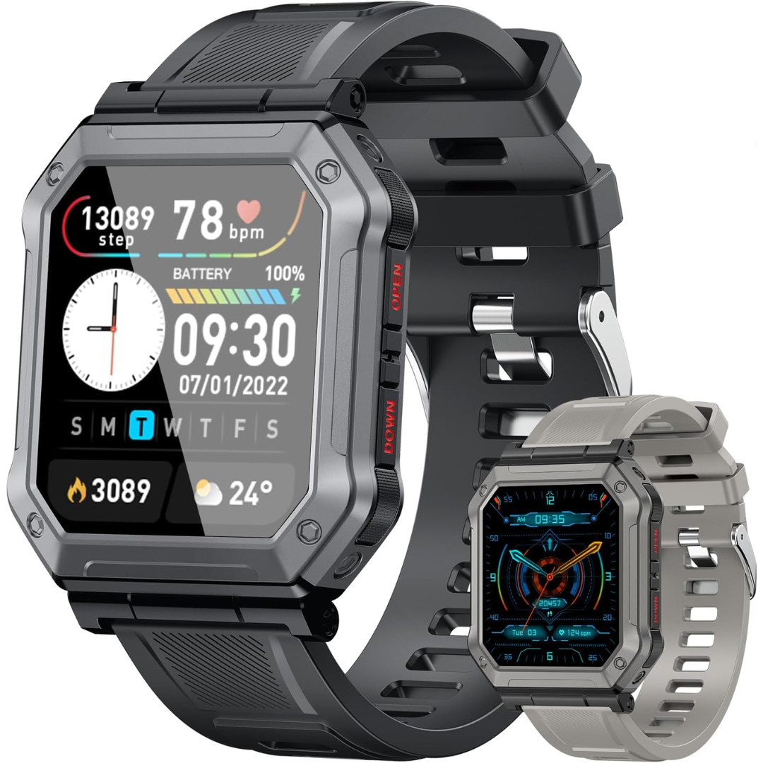 Durable men's military smartwatch, black, tracking fitness, steps, and sleep, ideal for active men.