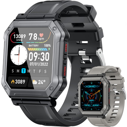 Durable men's military smartwatch, black, tracking fitness, steps, and sleep, ideal for active men.
