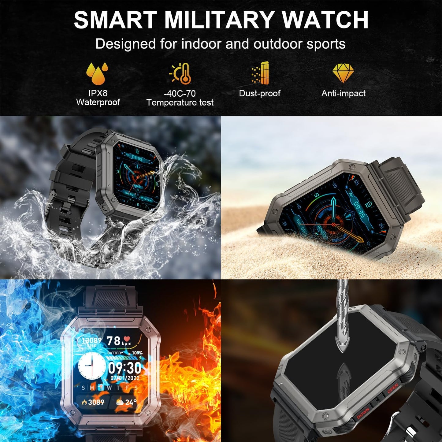 Black waterproof military smartwatch for men, featuring activity tracking, calls, and long-lasting battery.