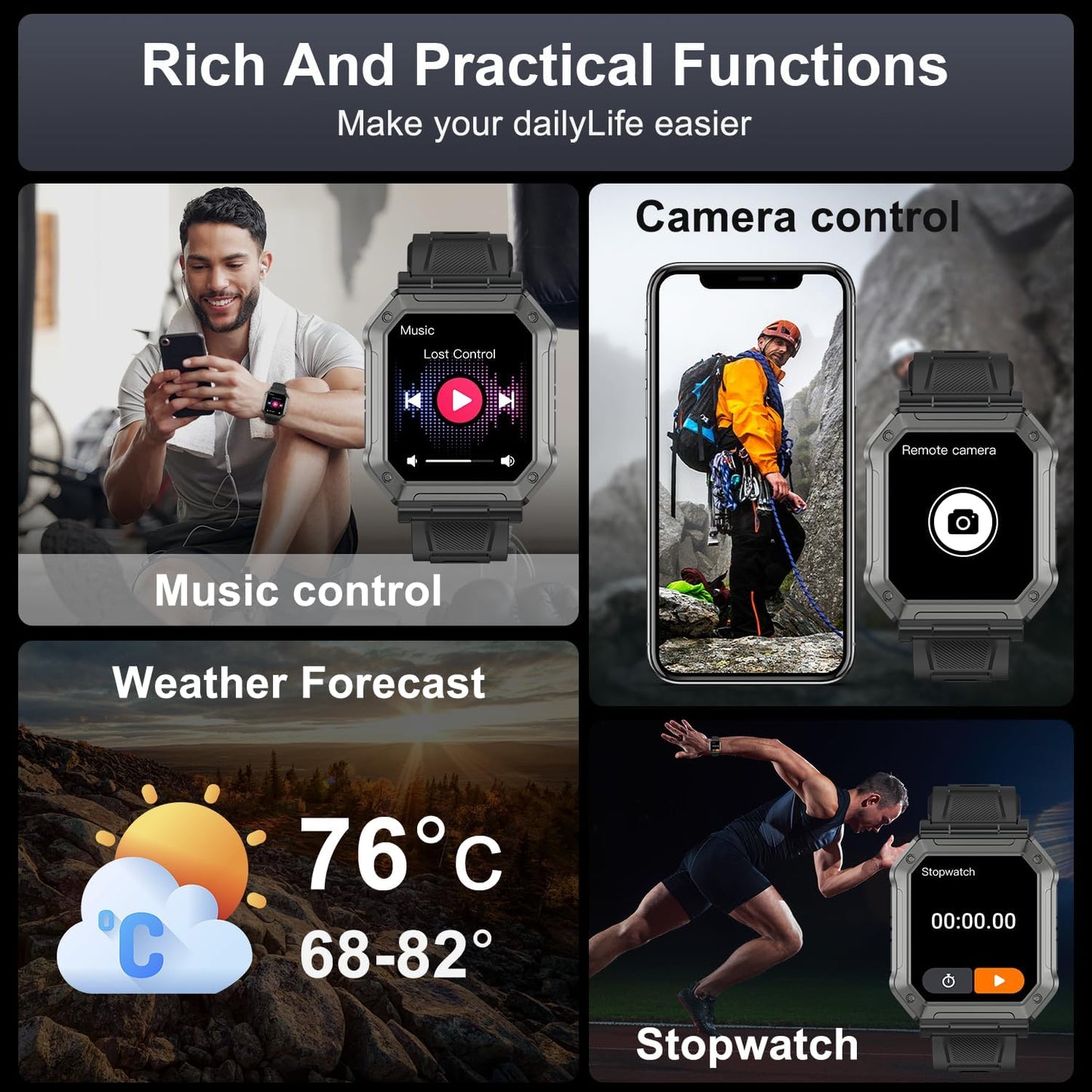 Men's rugged smartwatch, black, displaying fitness data, notifications, and time, perfect for sports.