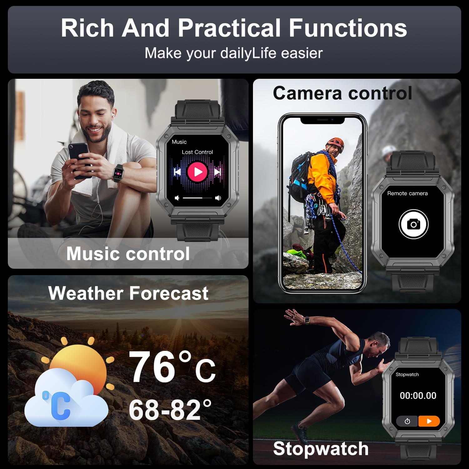 Men's rugged smartwatch, black, displaying fitness data, notifications, and time, perfect for sports.