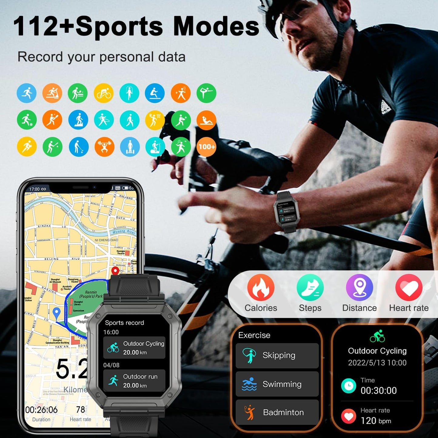 High-performance men's military fitness tracker smartwatch, durable design, with health monitoring features.