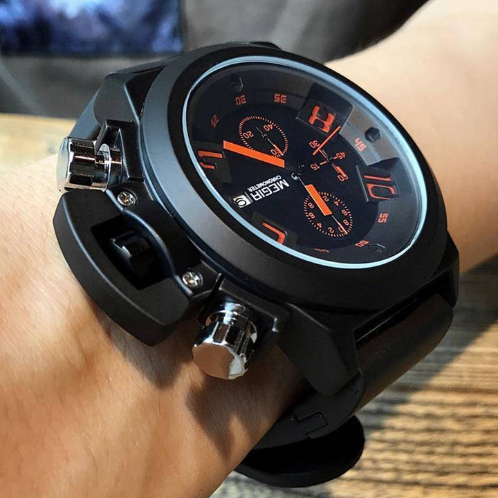 Men's rugged military sports watch, large black dial, thick shockproof case, silicone band
