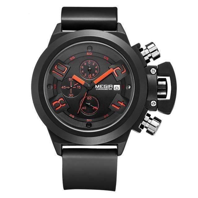 Rugged men's military watch with oversized dial, black silicone band, ideal for outdoor sports