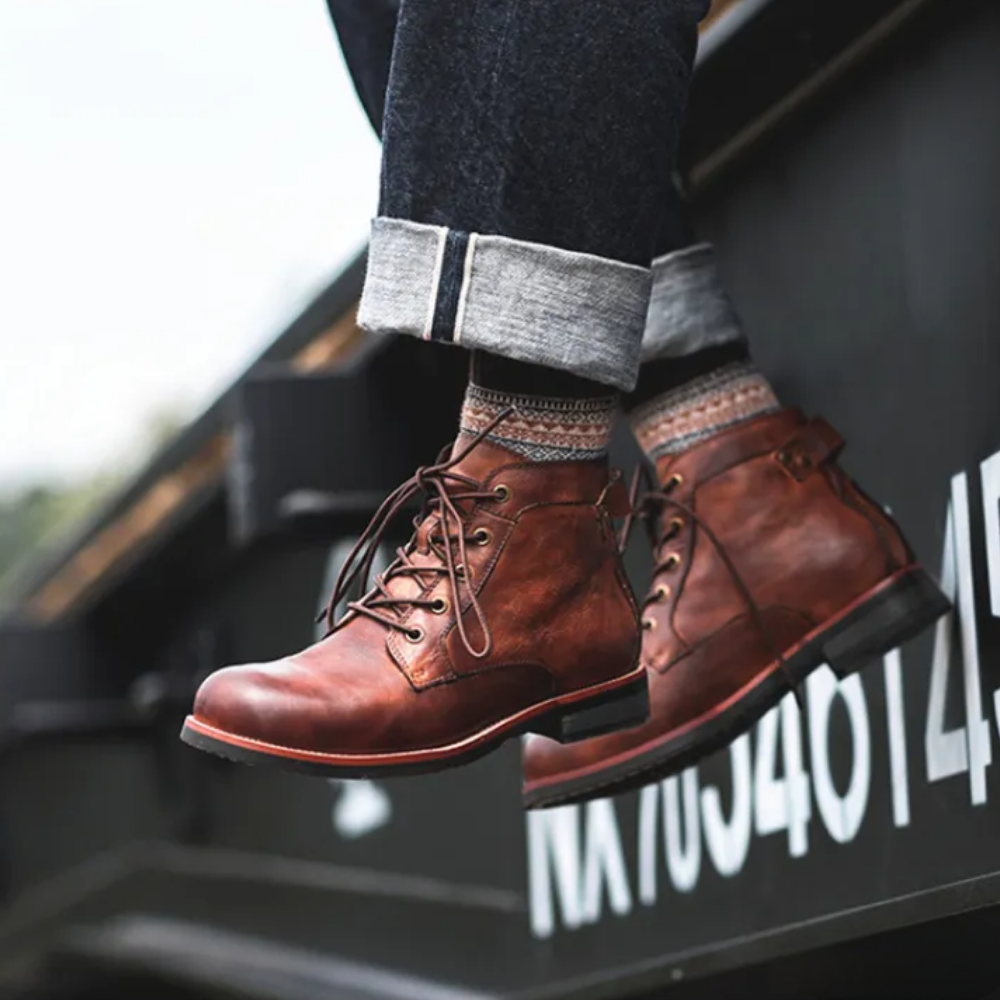 Durable men's lace-up boots, the Rugged Odyssey style, perfect for everyday wear and versatile men's fashion.