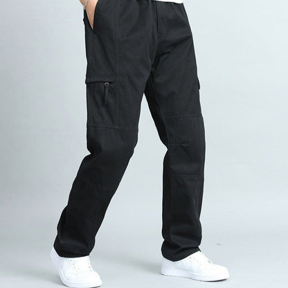 Textured fabric of comfortable men's outdoor cargo pants, built tough for workwear & daily utility.