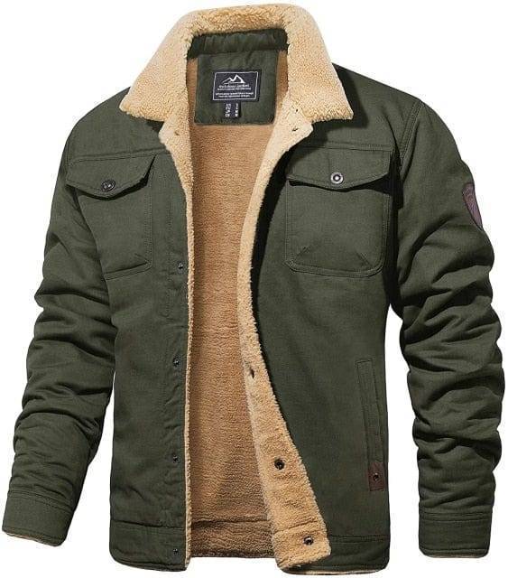 Model wearing men's military style sherpa lined parka, ideal cold weather hunting jacket