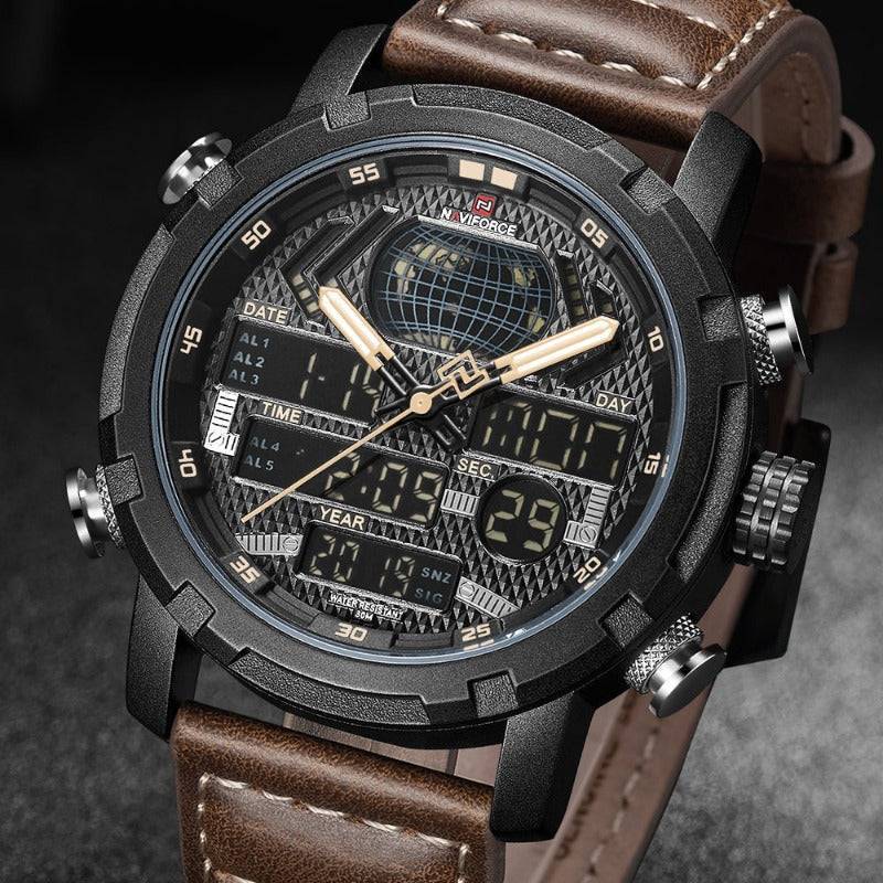 Men's rugged sport quartz watch with black dial and brown leather strap, water resistant