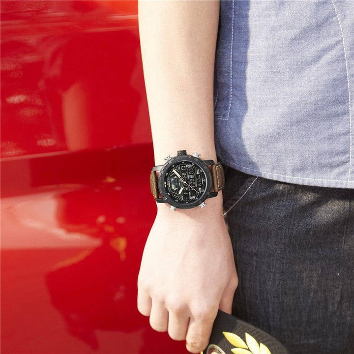 Close-up of a durable men's sport quartz watch with a detailed black face and leather band