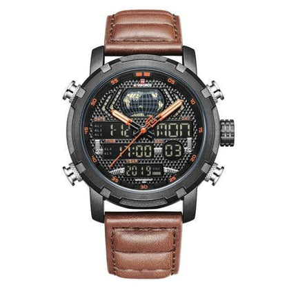 Sporty men's watch with quartz movement, water resistant, and a classic leather strap
