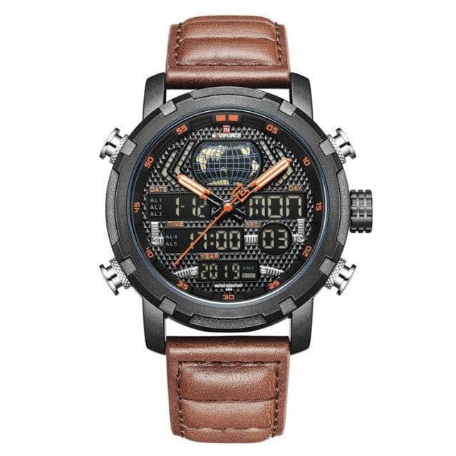 Sporty men's watch with quartz movement, water resistant, and a classic leather strap