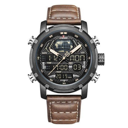 Casual men's timepiece: a rugged quartz watch with a brown leather band and dark dial