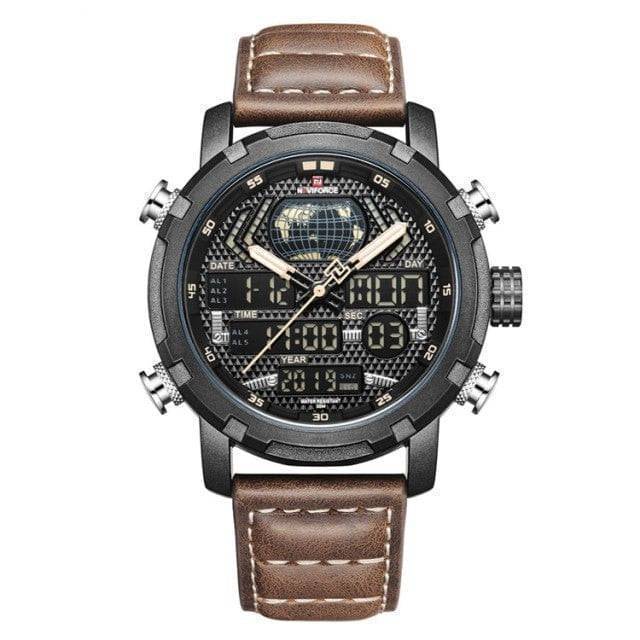 Casual men's timepiece: a rugged quartz watch with a brown leather band and dark dial
