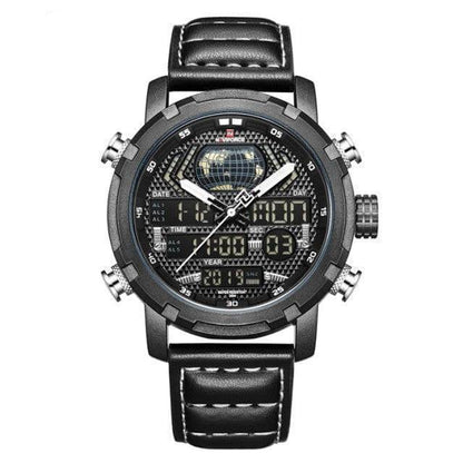 Men's durable sport watch, quartz movement, with a sturdy leather strap, side view