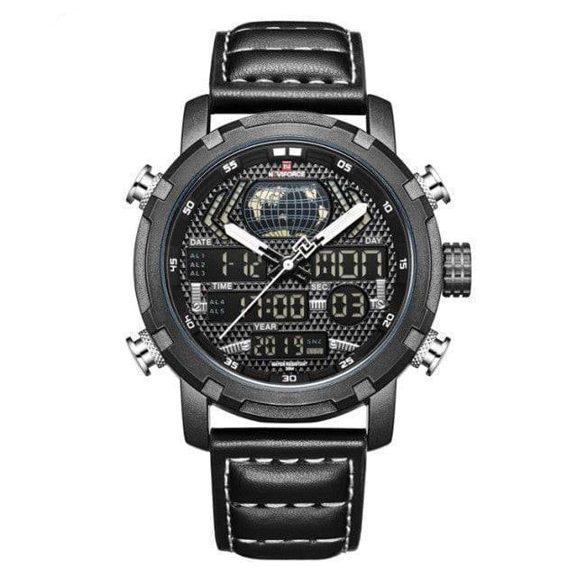 Men's durable sport watch, quartz movement, with a sturdy leather strap, side view