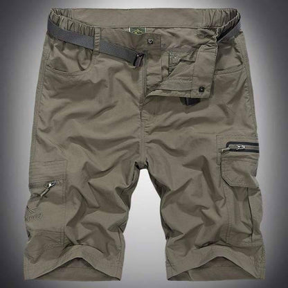 Men's rugged tactical shorts in olive, quick dry waterproof for hiking, camping, and outdoor adventures.