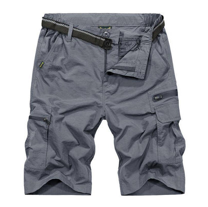 Close-up of waterproof men's hiking shorts fabric, showing durable and quick-dry texture for outdoor gear.