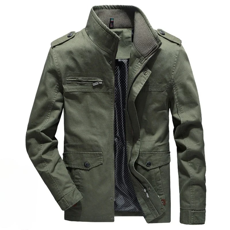 Men's rugged utility jacket in olive green, perfect for everyday casual wear, featuring multiple pockets & durable fabric.
