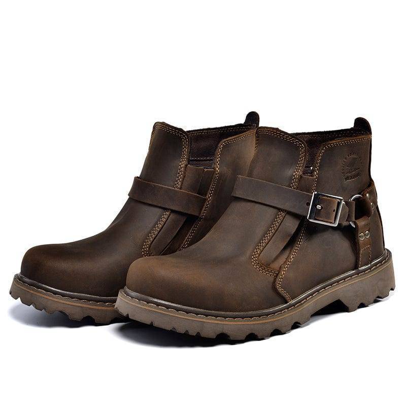 Men's rugged vintage brown leather combat boots, classic style for outdoor adventure, durable hiking.