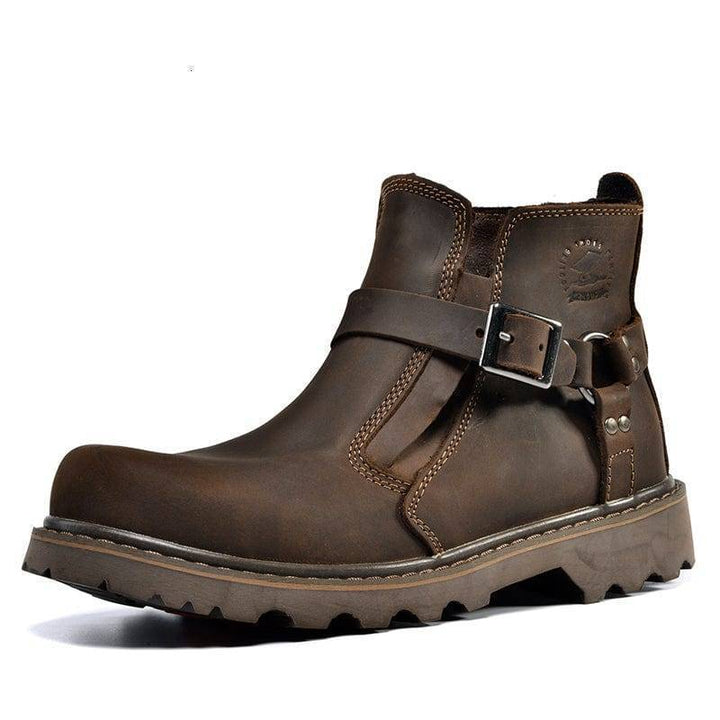 Close-up of men's vintage leather combat boots, showcasing robust material and classic design, hiking boots.