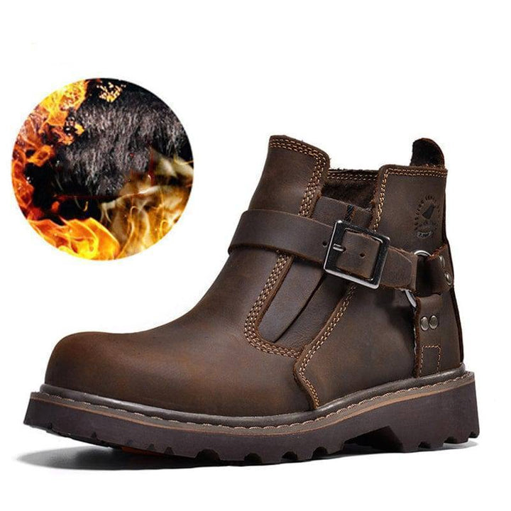 Pair of men's durable combat boots in vintage brown leather, suitable for hiking and outdoor adventures.
