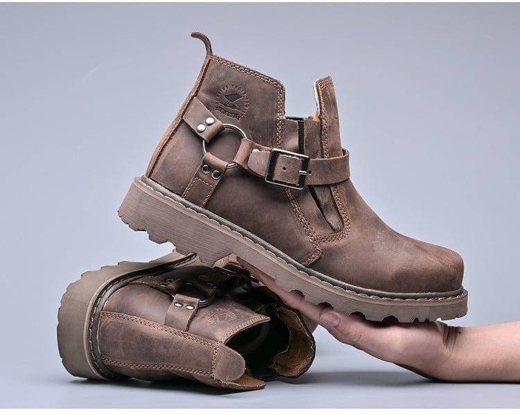 Side view of rugged men's vintage leather combat boots, highlighting classic style and durable construction, footwear.
